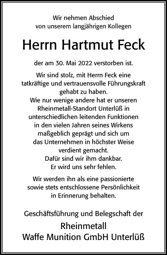 Traueranzeige von Hartmut Feck von Cellesche Zeitung
