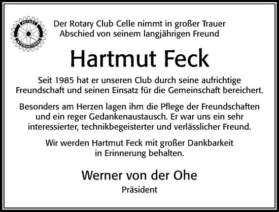 Traueranzeige von Hartmut Feck von Cellesche Zeitung