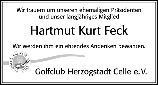 Traueranzeige von Hartmut Feck von Cellesche Zeitung