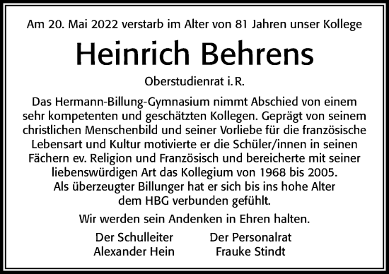Traueranzeige von Heinrich Behrens von Cellesche Zeitung