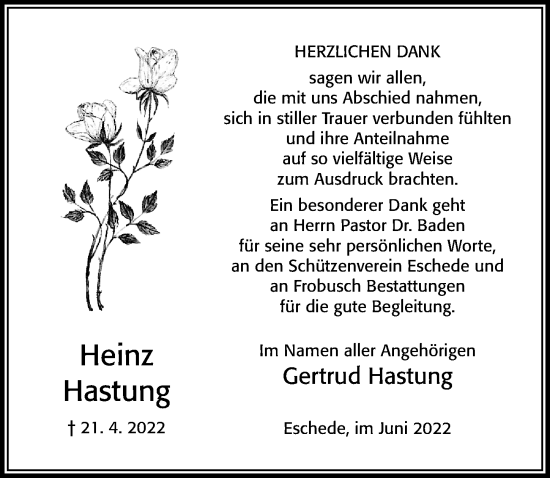 Traueranzeige von Heinz Hastung von Cellesche Zeitung