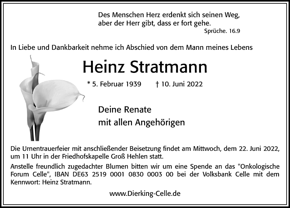  Traueranzeige für Heinz Stratmann vom 18.06.2022 aus Cellesche Zeitung