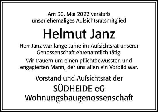 Traueranzeige von Helmut Janz von Cellesche Zeitung