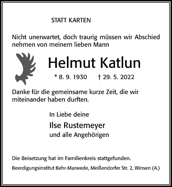 Traueranzeige von Helmut Katlun von Cellesche Zeitung