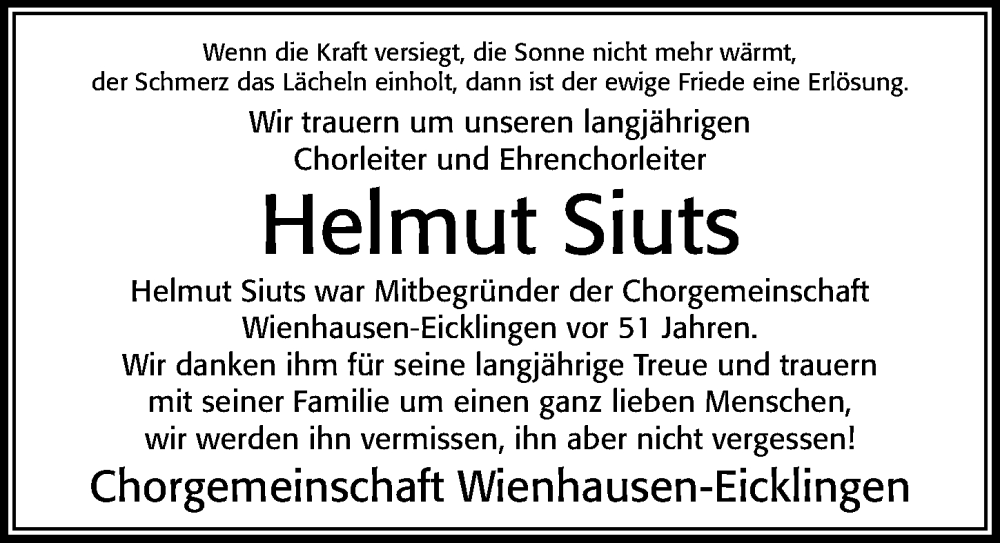  Traueranzeige für Helmut Siuts vom 22.06.2022 aus Cellesche Zeitung