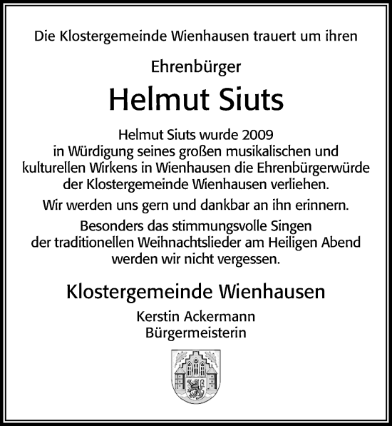 Traueranzeige von Helmut Siuts von Cellesche Zeitung