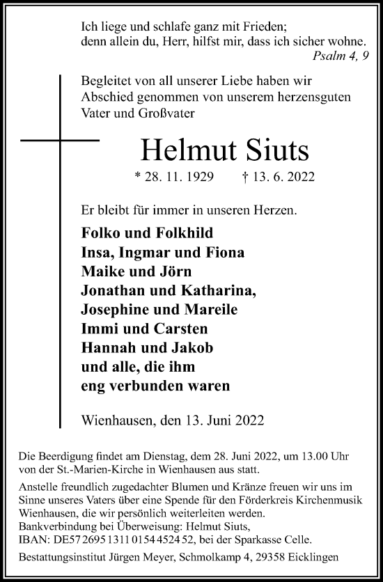 Traueranzeige von Helmut Siuts von Cellesche Zeitung