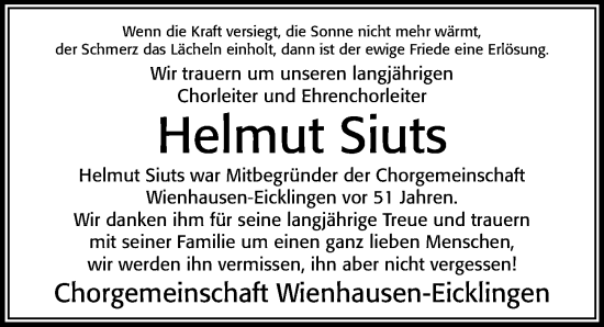 Traueranzeige von Helmut Siuts von Cellesche Zeitung