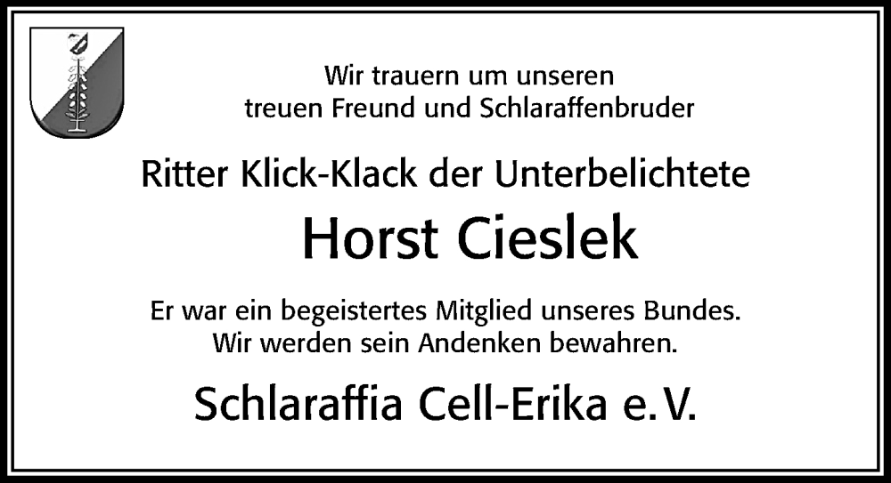  Traueranzeige für Horst Cieslek vom 18.06.2022 aus Cellesche Zeitung