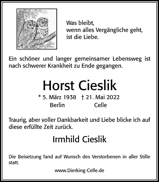 Traueranzeige von Horst Cieslik von Cellesche Zeitung