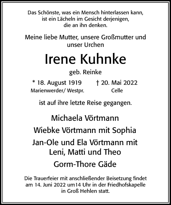 Traueranzeige von Irene Kuhnke von Cellesche Zeitung