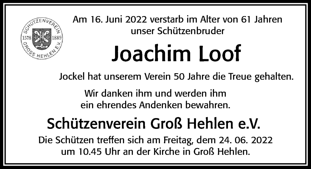  Traueranzeige für Joachim Loof vom 21.06.2022 aus Cellesche Zeitung