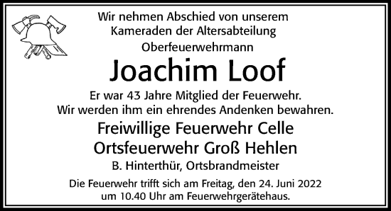 Traueranzeige von Joachim Loof von Cellesche Zeitung