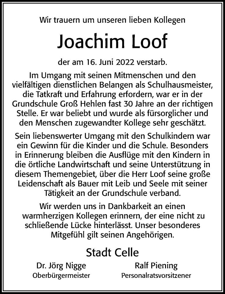  Traueranzeige für Joachim Loof vom 25.06.2022 aus Cellesche Zeitung