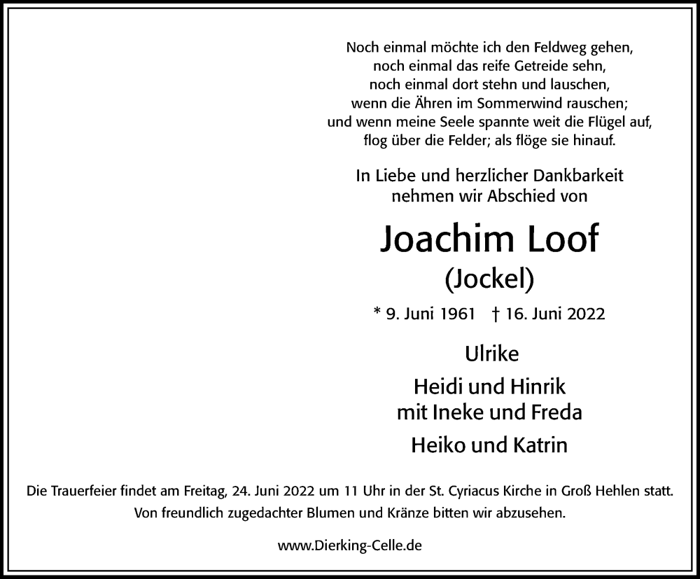  Traueranzeige für Joachim Loof vom 21.06.2022 aus Cellesche Zeitung