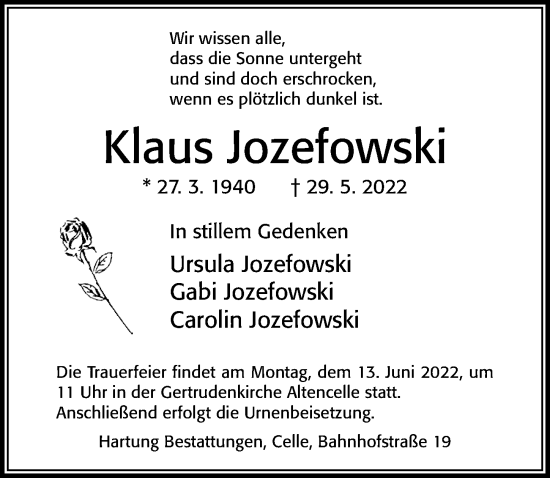 Traueranzeige von Klaus Jozefowski von Cellesche Zeitung