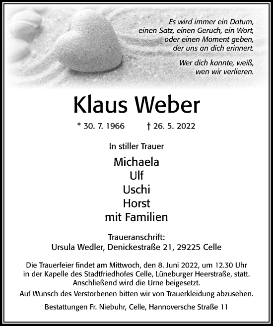 Traueranzeige von Klaus Weber von Cellesche Zeitung