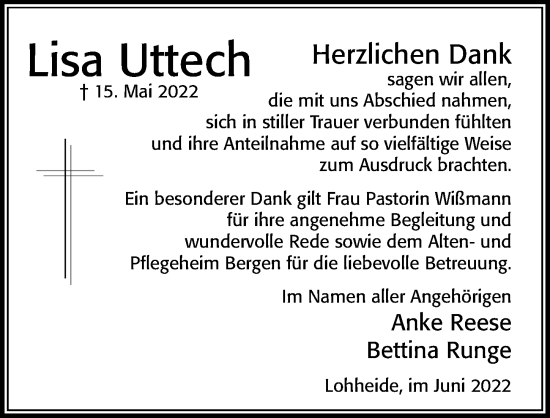 Traueranzeige von Lisa Uttech von Cellesche Zeitung
