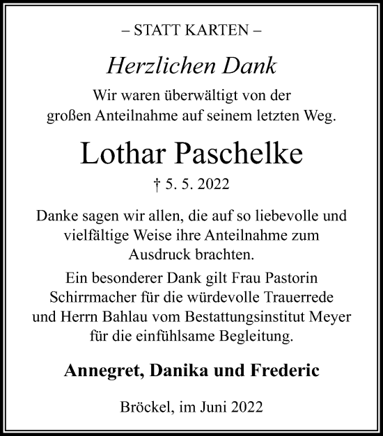 Traueranzeige von Lothar Paschelke von Cellesche Zeitung