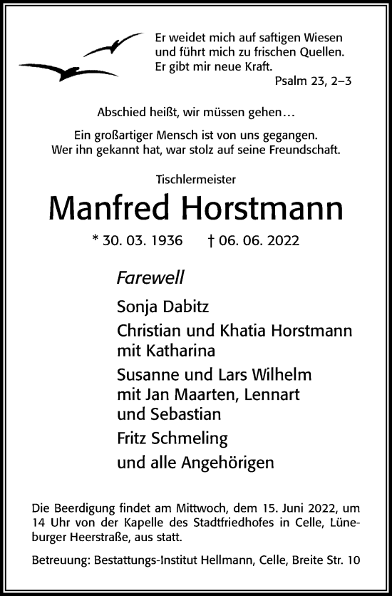 Traueranzeige von Manfred Horstmann von Cellesche Zeitung