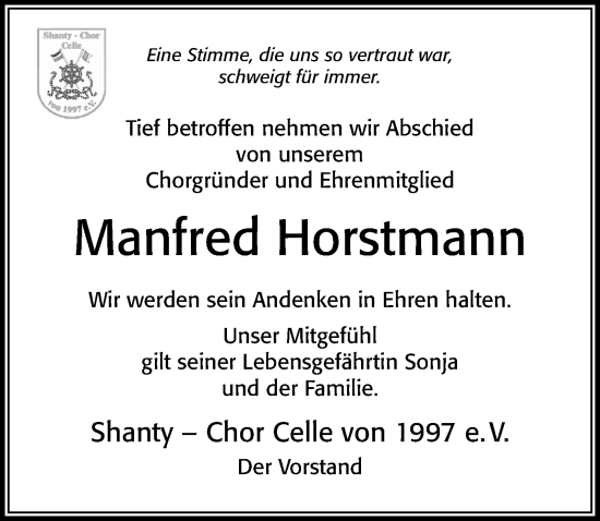 Traueranzeige von Manfred Horstmann von Cellesche Zeitung