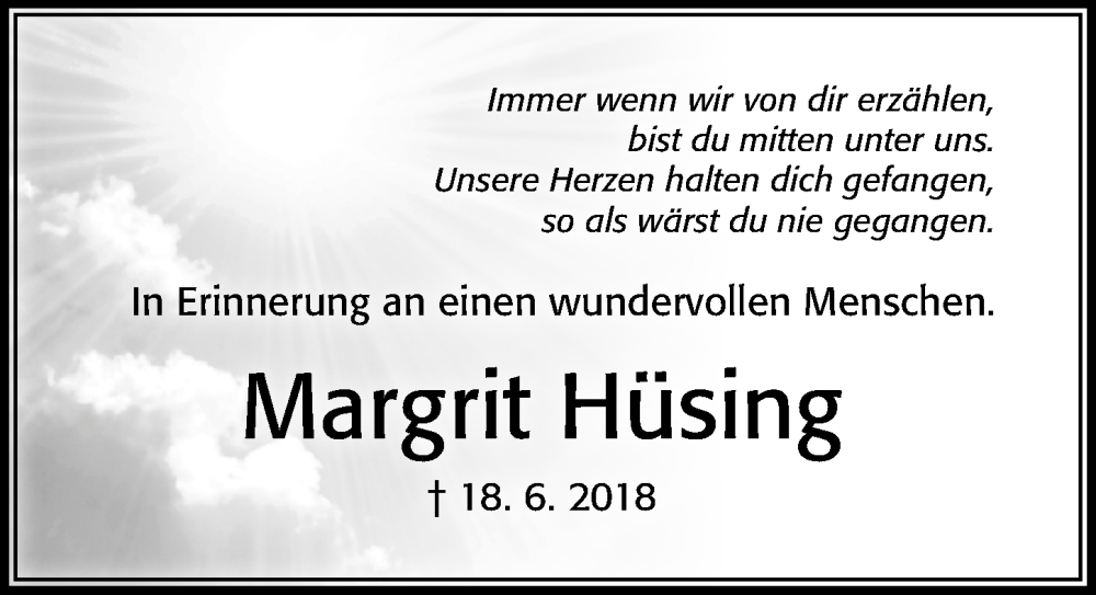  Traueranzeige für Margrit Hüsing vom 18.06.2022 aus Cellesche Zeitung