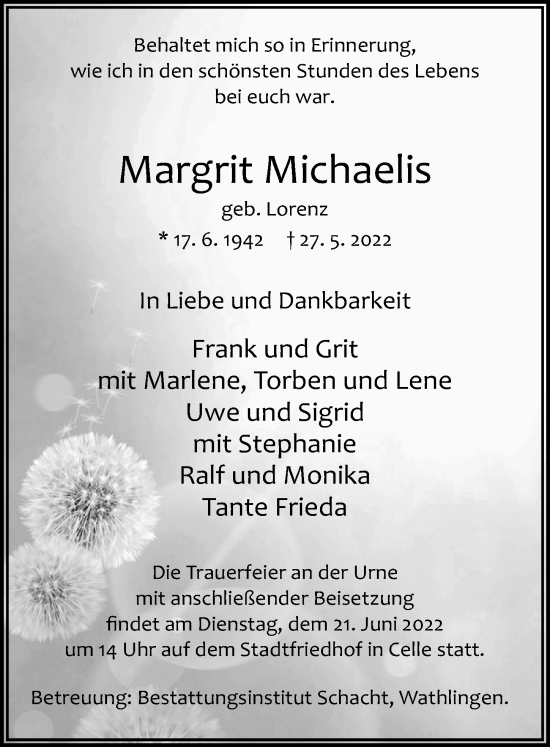 Traueranzeige von Margrit Michaelis von Cellesche Zeitung