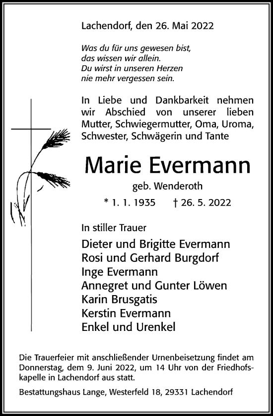 Traueranzeige von Marie Evermann von Cellesche Zeitung