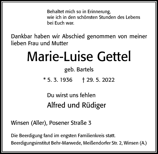 Traueranzeige von Marie-Luise Gettel von Cellesche Zeitung