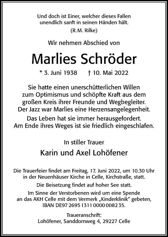 Traueranzeige von Marlies Schröder von Cellesche Zeitung