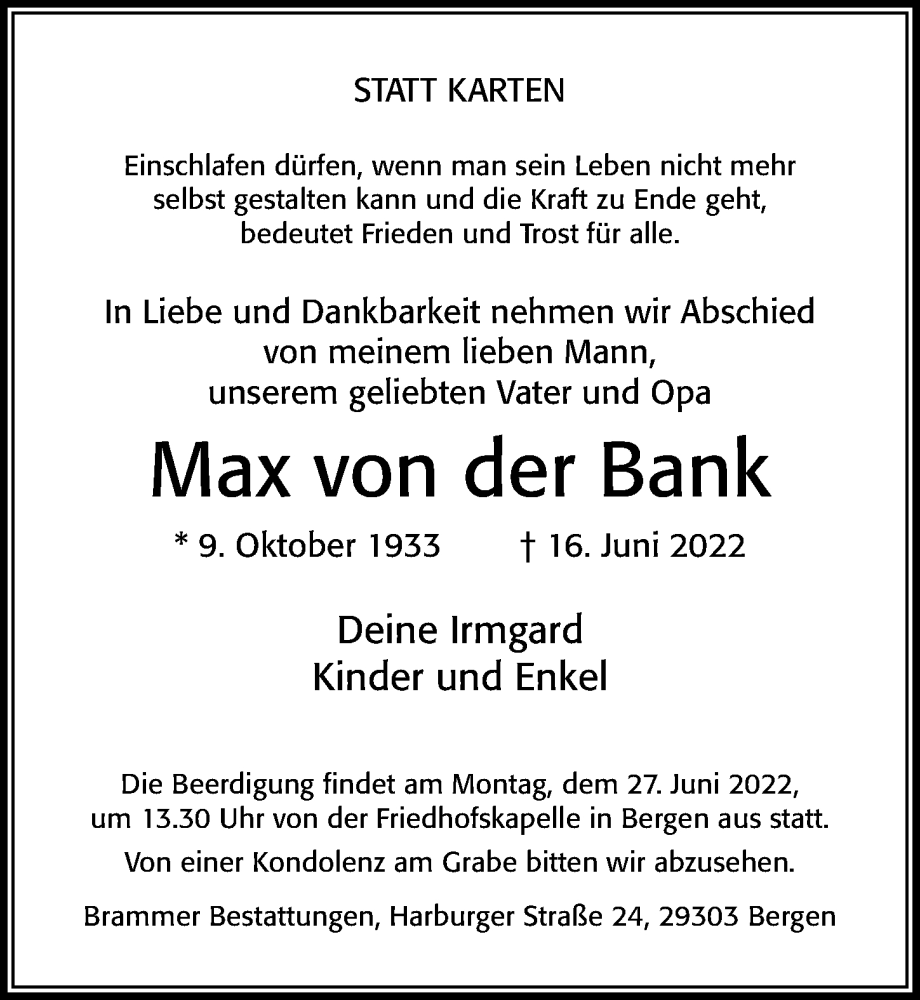  Traueranzeige für Max von der Bank vom 22.06.2022 aus Cellesche Zeitung