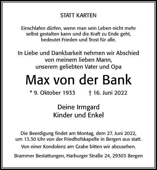 Traueranzeige von Max von der Bank von Cellesche Zeitung