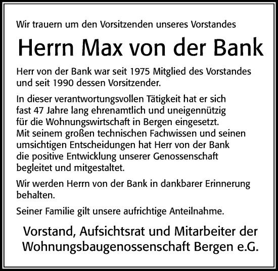 Traueranzeige von Max von der Bank von Cellesche Zeitung