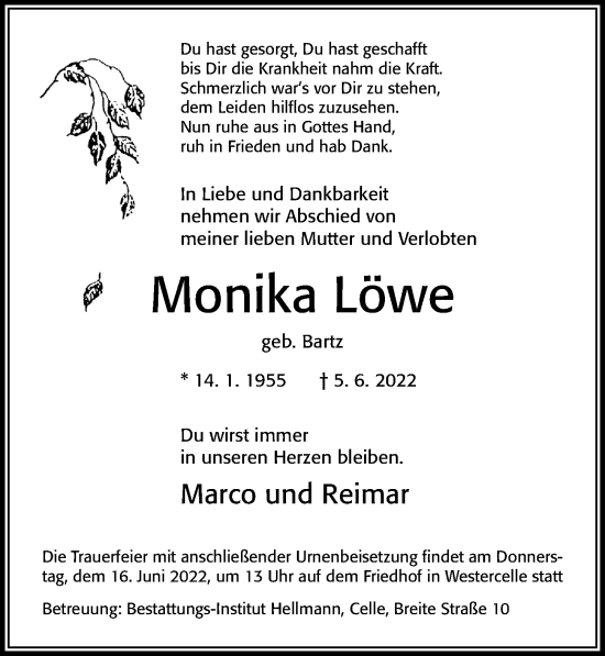 Traueranzeige von Monika Löwe von Cellesche Zeitung