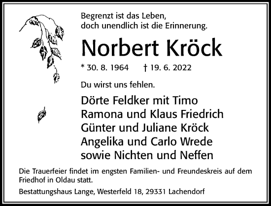 Traueranzeige von Norbert Kröck von Cellesche Zeitung