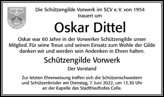 Traueranzeige von Oskar Dittel von Cellesche Zeitung