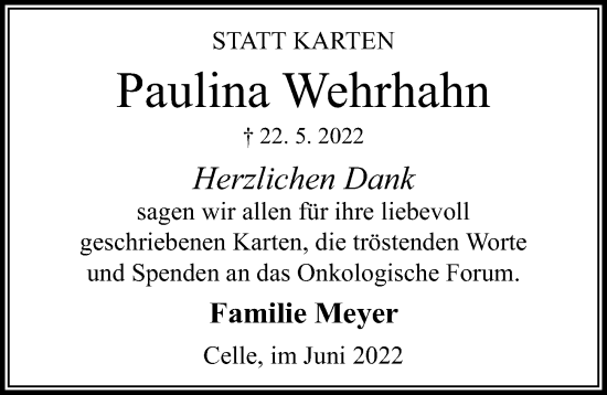 Traueranzeige von Paulina Wehrhahn von Cellesche Zeitung