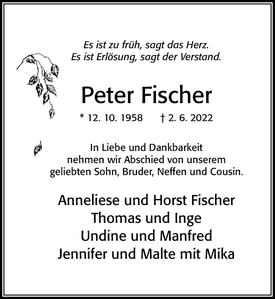 Traueranzeige von Peter Fischer von Cellesche Zeitung