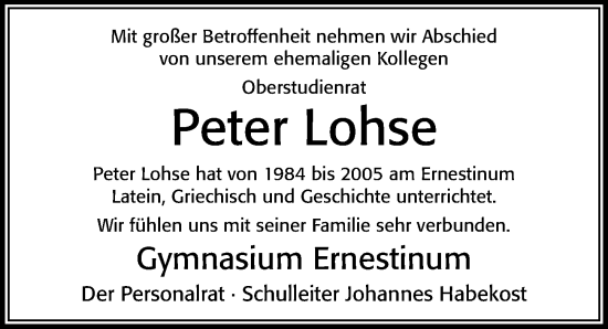 Traueranzeige von Peter Lohse von Cellesche Zeitung