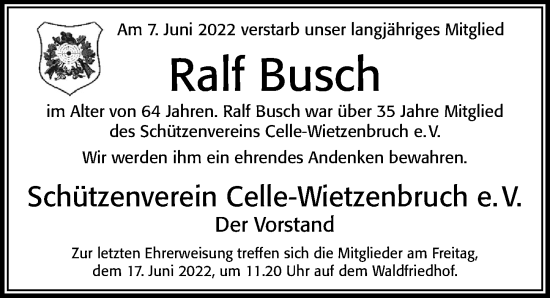 Traueranzeige von Ralf Busch von Cellesche Zeitung