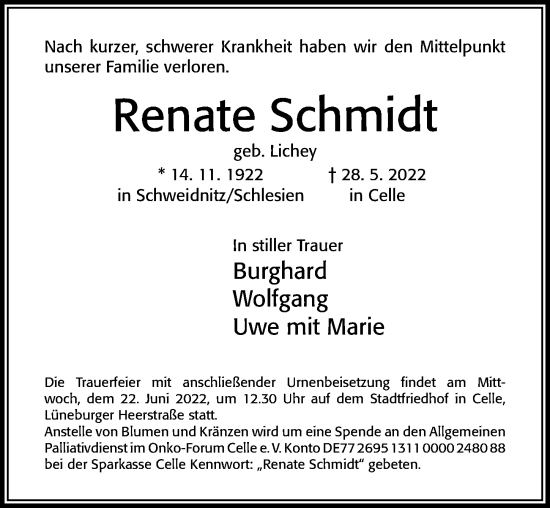 Traueranzeige von Renate Schmidt von Cellesche Zeitung