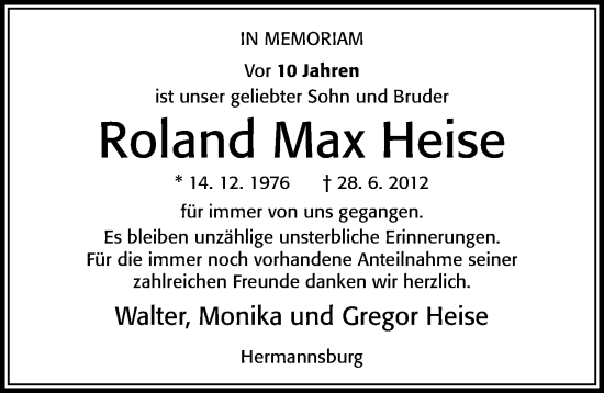 Traueranzeige von Roland Max Heise von Cellesche Zeitung
