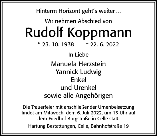 Traueranzeige von Rudolf Koppmann von Cellesche Zeitung