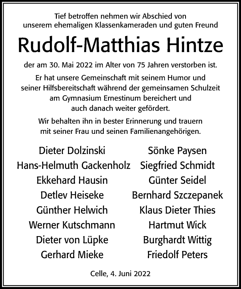  Traueranzeige für Rudolf-Matthias Hintze vom 04.06.2022 aus Cellesche Zeitung