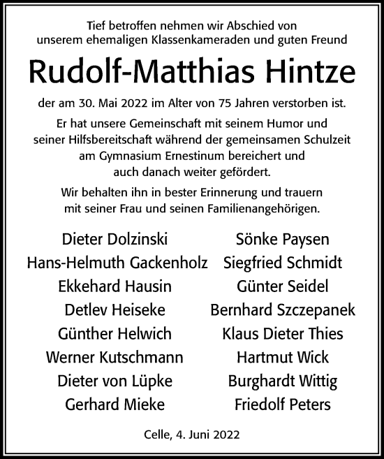 Traueranzeige von Rudolf-Matthias Hintze von Cellesche Zeitung