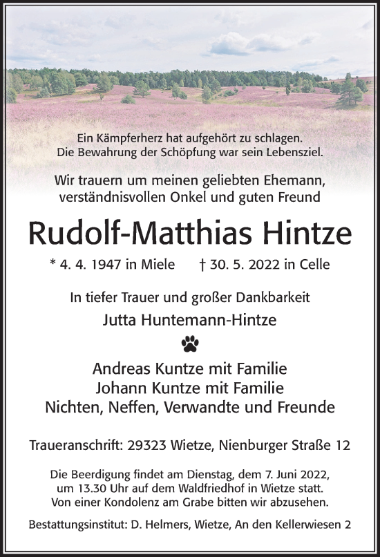 Traueranzeige von Rudolf-Matthias Hintze von Cellesche Zeitung
