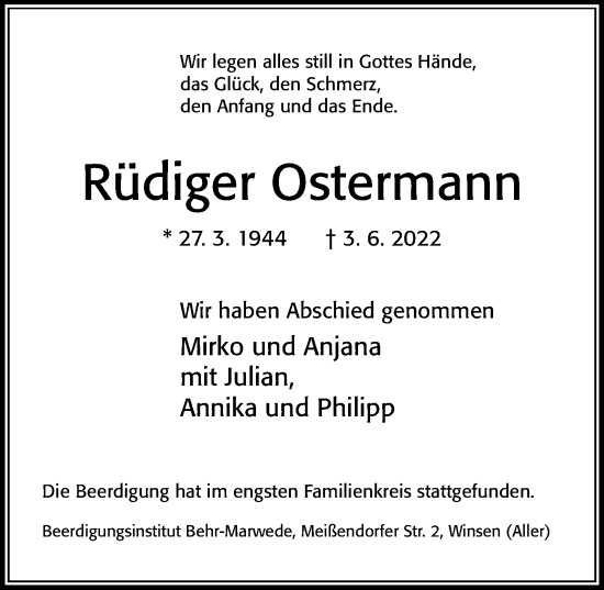 Traueranzeige von Rüdiger Ostermann von Cellesche Zeitung