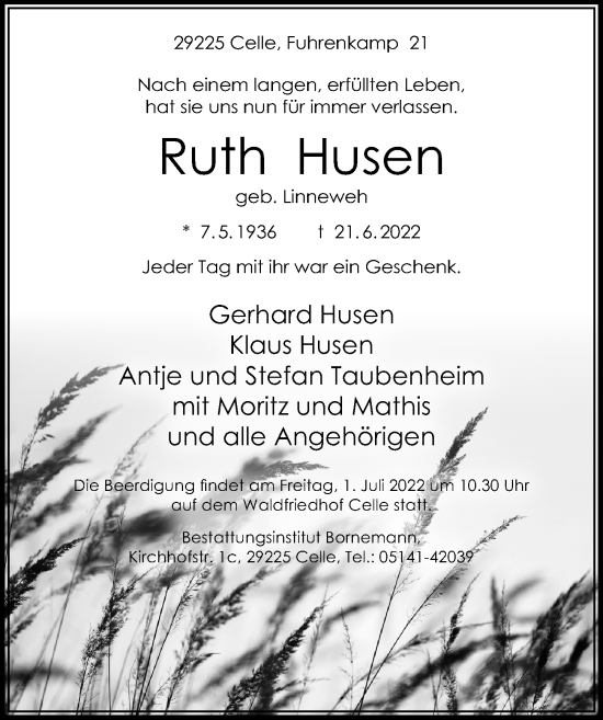 Traueranzeige von Ruth Husen von Cellesche Zeitung