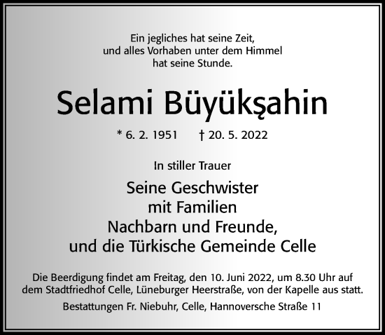 Traueranzeige von Selami Büyüksahin von Cellesche Zeitung