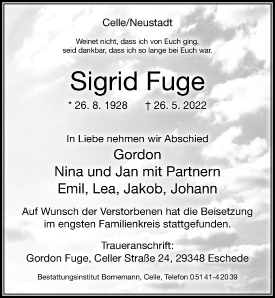 Traueranzeige von Sigrid Fuge von Cellesche Zeitung